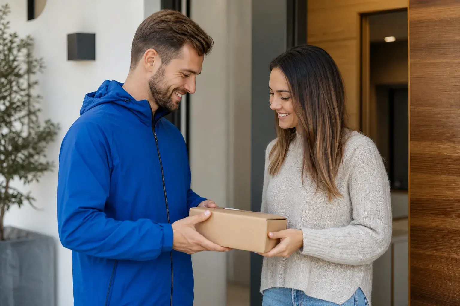 Courier and recipient coordinating a doorstep delivery