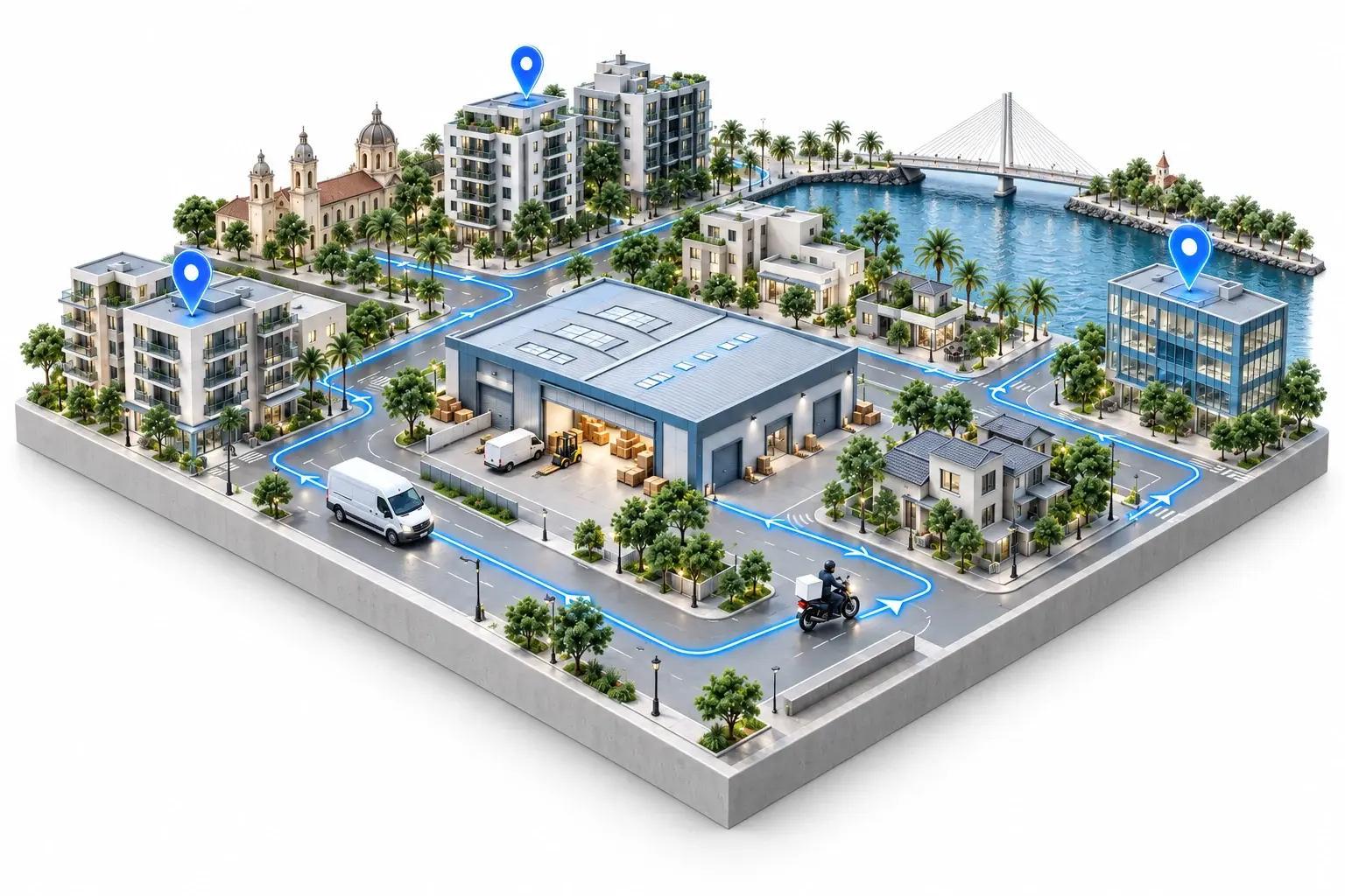 Daytime logistics city on white: a hub, delivery vehicles and destinations connected by blue routes
